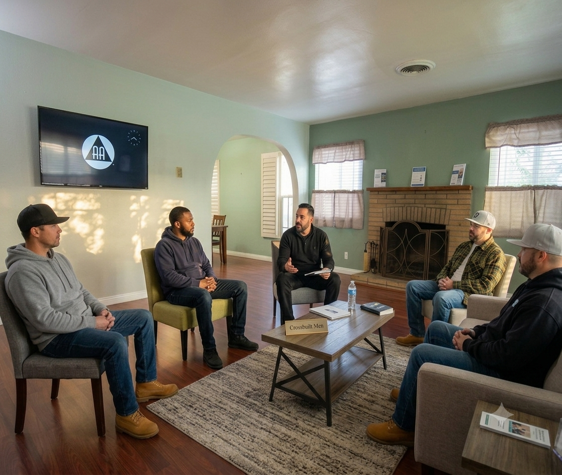 Men in a peer support group meeting